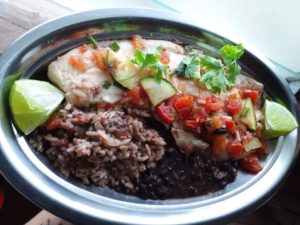 BBQ Catch of the Day. Served with seasoned rice, refried beans, and lime wedges By Cheri Majors