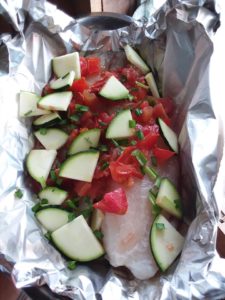 Tilapia Fish Fillet with Salsa, Tomatoes, Zucchini & Chives for BBQ. By Cheri Majors