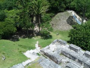 Looking down from Xunantunich Temple the side stairs lead to the ball courts. By Cheri Majors